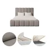 A beige upholstered bed with a slatted base and storage, shown with close-ups of the fabric and the storage mechanism. Produktbild-Vorschau