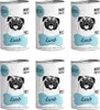 Six cans of dog food arranged in two rows of three. Podgląd zdjęcia produktu