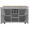 A grey kitchen island with a wooden countertop, open doors, and shelves. Podgląd zdjęcia produktu