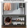 A shoe rack with a bench and clothes hanging above it. Produktbild-Vorschau