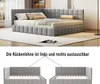 A corner bed with a grey upholstered frame and headboard, shown in a bedroom setting. Below, two separate images of the bed frame without a mattress are shown, with arrows pointing from text above to indicate interchangeability. Podgląd zdjęcia produktu