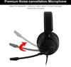 A black gaming headset with a flexible microphone boom is shown against a white background, with arrows indicating the microphone's adjustable range. Produktbild-Vorschau