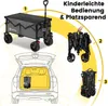 Collage showing a foldable wagon in use, being folded, and stored in a car trunk, with accompanying German text highlighting ease of use and space-saving features. Voir les images du produit
