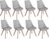 Eight gray dining chairs with wooden legs arranged in two rows. Náhled obrázku produktu