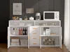 A white sideboard with various items on top and inside, set against a dark gray wall. Voir les images du produit