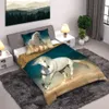 A bedroom scene with a bed featuring a duvet cover with a horse print. Produktbild-Vorschau
