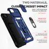 Exploded view of a blue phone case with callouts for features. Produktbild-Vorschau