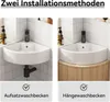 Two images showing different installation methods for a corner sink. The left shows a wall-mounted sink with exposed plumbing, and the right shows a sink installed on a wooden cabinet. Anteprima dell’immagine prodotto