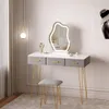 A vanity table with a lighted mirror and stool, set in a bedroom. Produktbild-Vorschau