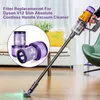 A Dyson V12 vacuum cleaner is shown in a living room setting, with replacement filters displayed in a circular inset. Produktbild-Vorschau