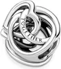 A close-up studio shot of a silver charm with intertwined hearts. Podgląd zdjęcia produktu