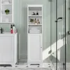 A white bathroom cabinet with shelves and a door, standing next to a sink and a shower. Produktbild-Vorschau