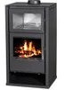 A black wood-burning stove with a glass door showing a fire inside and a glass door above showing a rack. Produktbild-Vorschau