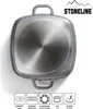 The underside of a square frying pan with a textured base and handles, along with several icons indicating product features and compatibility. Anteprima dell’immagine prodotto