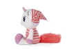 A plush unicorn toy with a striped hat and body, sitting on a white background. Produktbild-Vorschau