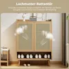 A wooden shoe cabinet with rattan doors, displaying shoes on the shelves and decorative items on top. Steam effects are shown emanating from the doors. Produktbild-Vorschau