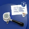 A coffee pod is shown in an espresso machine portafilter, with graphics and text indicating compatibility with espresso machines and E.S.E. coffee pods. Produktbild-Vorschau
