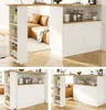 A multi-panel image showcasing a white and wood kitchen island with storage and a built-in bar area. Náhled obrázku produktu