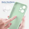 A hand is touching a light green phone case, with text and cotton balls in the background. Produktbild-Vorschau