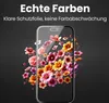 A smartphone screen displaying a vibrant floral pattern, with text overlays highlighting product features. Produktbild-Vorschau