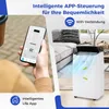 A person holding a smartphone displaying an app interface, with a portable air conditioner in a living room setting in the background. Voir les images du produit