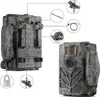 A collage showing a camouflage trail camera from different angles, along with its accessories. Voir les images du produit
