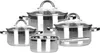 A set of stainless steel pots and pans with glass lids, arranged on a white background. Anteprima dell’immagine prodotto