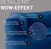 Close-up of a navy blue beanbag sofa corner, highlighting product features with text overlays and a magnified view of the fabric. Anteprima dell’immagine prodotto