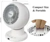 A white table fan with a spherical head is shown from the front, with dimensions indicated by lines and text. A close-up inset shows a hand gripping a carrying handle on the fan's base. Anteprima dell’immagine prodotto