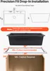 Diagrams and images showing sink dimensions, installation recommendations, and cabinet requirements. Produktbild-Vorschau