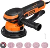 A VEVOR orbital sander with several sanding discs and a hex wrench are displayed against a white background. Náhled obrázku produktu
