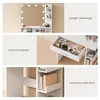 A collage of images showcasing different features of a white vanity table with a mirror and LED lights. Produktbild-Vorschau