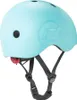 A light blue helmet with black straps and a red light on the back. Voir les images du produit