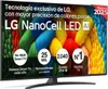 A marketing image for an LG NanoCell LED TV, featuring colorful yarn in the background and promotional text and icons. Voir les images du produit