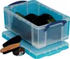 A transparent storage box with blue handles and lid, containing black shoes, sits on a blue base. Shoe care items, including brushes and polish, are placed in front of the box. Náhled obrázku produktu