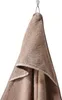 A close-up of a beige hooded towel hanging from a hook. Produktbild-Vorschau