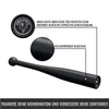 A black Indian clubbell with callouts highlighting its features and a slogan at the bottom. Produktbild-Vorschau