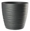 A dark gray plant pot with a ribbed texture and a matching saucer, isolated on a white background. Produktbild-Vorschau