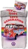 A bedding set featuring a Volkswagen van with a rainbow stripe and peace symbols. Produktbild-Vorschau
