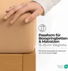 A hand is shown resting on a beige fitted sheet, with text overlays describing product features. Anteprima dell’immagine prodotto