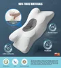 A marketing image of an orthopedic neck pillow with feature callouts. Produktbild-Vorschau