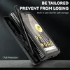 A black phone case with a stylus is shown at an angle, with text overlays highlighting its features. Produktbild-Vorschau