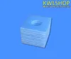 A stack of square, light blue filters with a circular hole in the center, against a solid blue background. Produktbild-Vorschau