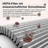 A close-up view of a HEPA filter with illustrations of viruses and text describing its features. Produktbild-Vorschau