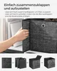A hand is shown folding a fabric storage box, with a sequence of images below demonstrating the folding process. Produktbild-Vorschau