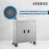 A grey metal cabinet with two doors and wheels, set against a textured grey and white background. A close-up bubble highlights the textured surface of the cabinet. Produktbild-Vorschau