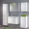 A modern bathroom vanity set with a tall cabinet, a wall-mounted vanity with drawers, a medicine cabinet with a mirror and light, and a smaller wall-mounted cabinet. Produktbild-Vorschau
