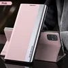 A pink phone case with a silver stripe is shown standing up, with a phone inside. Produktbild-Vorschau