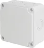 A white junction box with screw mounts and circular knockouts on the sides. Produktbild-Vorschau