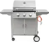 A stainless steel gas grill with a propane tank and hose attached, shown against a white background. Náhled obrázku produktu